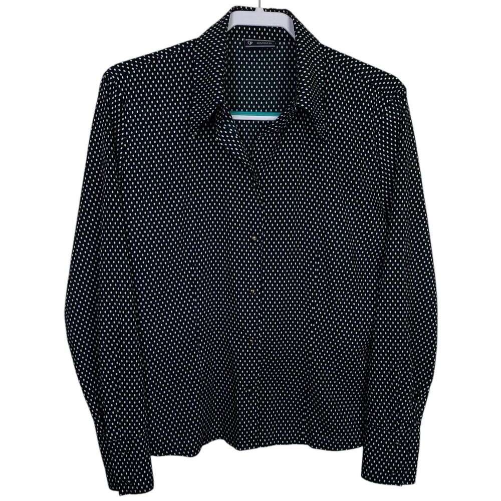 Basler Blouse Top Women M (Bust 44") Navy Blue Polka Dot Button Down Long Sleeve